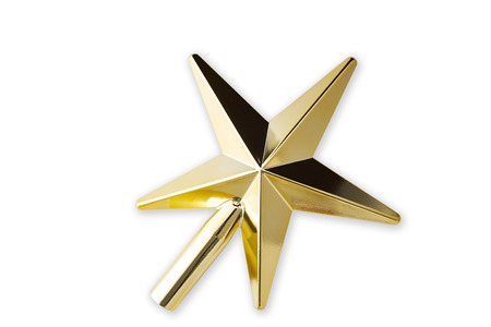 Golden Christmas Star on white Background. Top View Close-Up Gold Star renderの写真素材