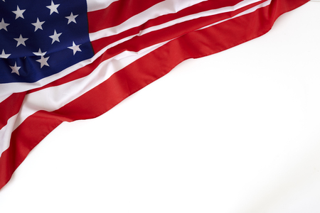 Happy Presidents' Day Typography Over Distressed White Background with American Flag Border. Flat lay. Text space images.の写真素材