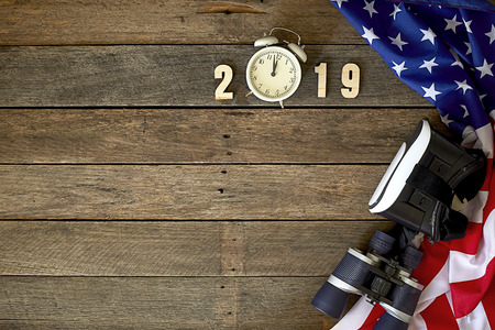 New Year 2019 flag America on old wooden. Technology conceptの写真素材