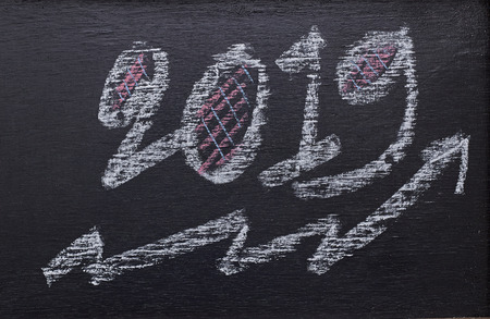 2019 loading with progress bar, chalk drawing on blackboardの写真素材
