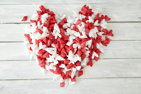 Valentines day background hearts Paper love on white wood backgroundの写真素材