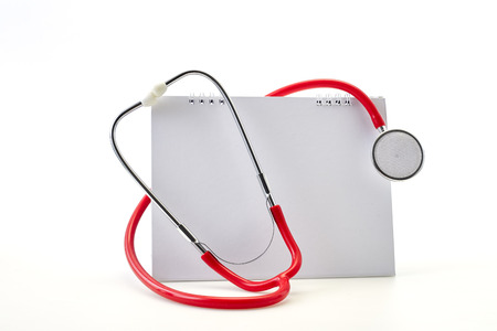 Flat 7 April Red stethoscope with Empty calendar on white background. Copy space. Healthcare. World Health Dayの写真素材