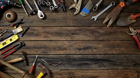Old tools on a wooden table, Place for the text. A concept for Father's Day.の写真素材