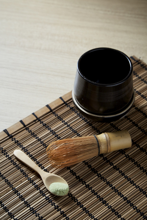 Japanese food organic matcha green tea on wooden table background, top view, copy spaceの写真素材