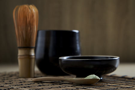 Japanese food organic matcha green tea on wooden table background, top view, copy space