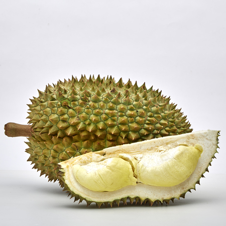 Close-Up Of Durian Fruit White Background, King Of Fruit In Thailandの写真素材