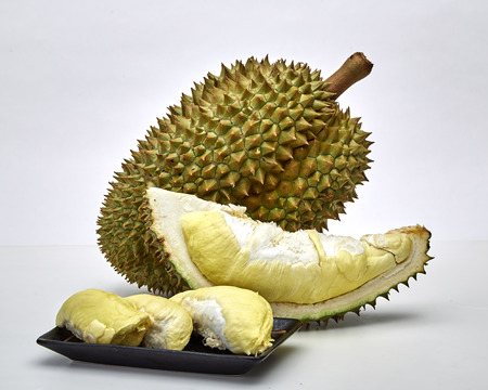Close-Up Of Durian Fruit White Background, King Of Fruit In Thailandの写真素材