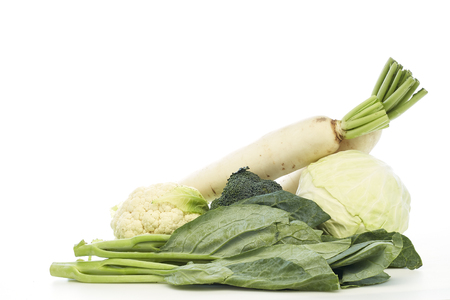 Fresh vegetable, Chinese kale, Cabbage, Broccoli, cauliflower, radish white background. Healthy foodの写真素材