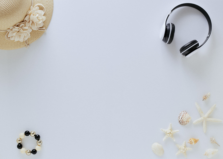 Traveler accessories Top view vacation summer on white background with empty space for text. Travel  concept.の写真素材
