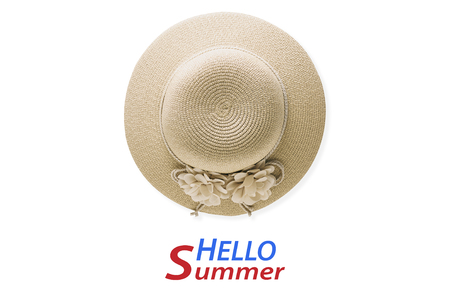Summer holiday background, flat lay beach women's accessories: straw hat on white background with empty space for text.  text hello summerの写真素材
