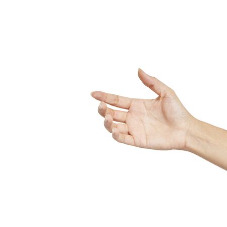Close up Empty female woman hand holding something like isolated on white, clipping path.の写真素材