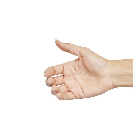 Close up Empty female woman hand holding something like isolated on white, clipping path.の写真素材