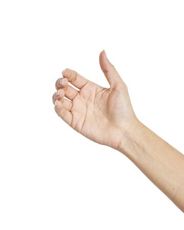 Close up Empty female woman hand holding something like isolated on white, clipping path.の写真素材