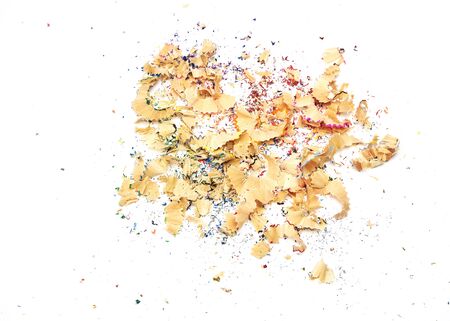 Shavings from multicolored pencils on white background, Education, Back to school Concept.の写真素材