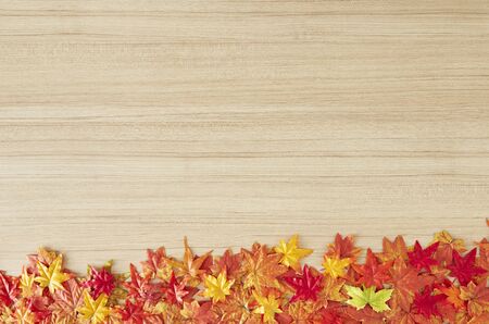 Top view maple leaves autumn leaves on wooden table vintage texture, copy space for text, flatlay