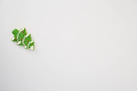 Pine Cookie on white  on white background, Christmas, winter, new year concept. Flat lay, top view, copy spaceの写真素材