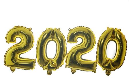 Happy New Year 2020. Number 2020 gold balloon on white background, Flat lay, top view