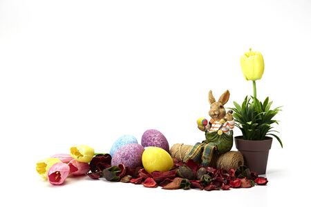 Decorative Easter eggs rabbit on white background copy space textured for banner designの写真素材