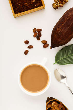 Mug of cacao Hot drink with cocoa pods, cacao powder, cacao beans, on a white background, flat lay food conceptの写真素材