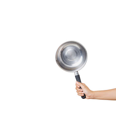 Woman holding saucepan for cooking classes on white backgroundの写真素材