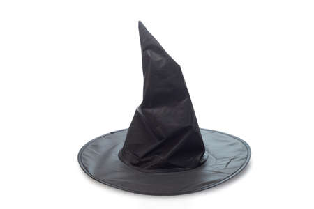 Witch or Wizard hat decorated, Black pointed cone shaped witch hat isolated on white backgroundの写真素材