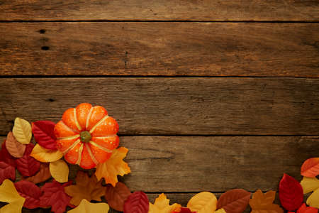 Autumn background with leaves and pumpkins on dark wooden top view space for text frameの写真素材