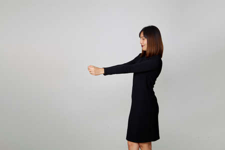 Trick or treat Portrait woman black dress as witch holding for happy halloween black friday, cyber...