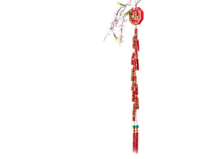 Chinese new year decoration ornament Chinese knot amulet with Cherry blossoms on white background...