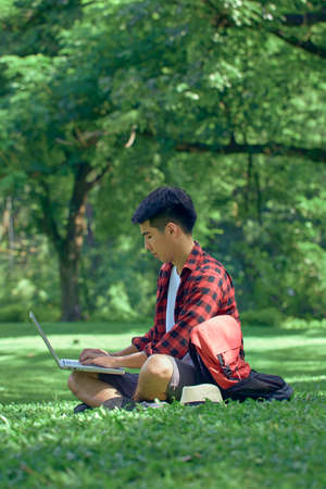 A handsome young Asian man sits on the lawn in the summer at the park.の写真素材