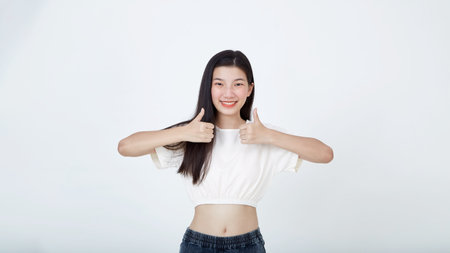 Confident attractive woman say yes shows thumbs up gesture of approval, like your choice, praise...