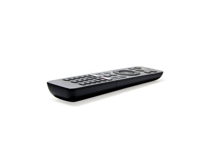 Perspective view of television and audio remote control isolated on white backgroundの写真素材