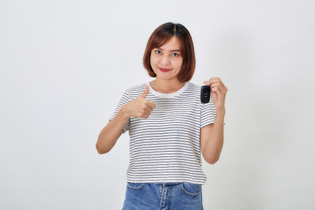 Beautiful young business Asian woman with brunette short hair wearing a t-shirt and jeans with a car key on white isolated backgroundの写真素材
