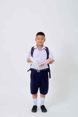 Portraits of Asian Boy Thai Country in School Uniform Isolated On White Backgroundの写真素材