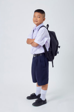 Portraits of Asian Boy Thai Country in School Uniform Isolated On White Backgroundの写真素材