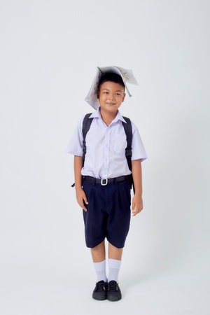 Portraits of Asian Boy Thai Country in School Uniform Isolated On White Backgroundの写真素材