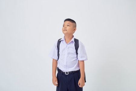 Portraits of Asian Boy Thai Country in School Uniform Isolated On White Backgroundの写真素材