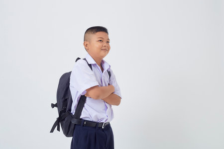 Portraits of Asian Boy Thai Country in School Uniform Isolated On White Backgroundの写真素材