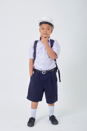 A young Asian cute boy standing in a Thai school uniform with a backpack bag and safety helmet  on a white background banner. Back to schoolの写真素材