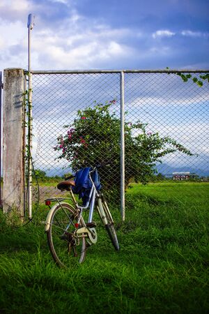 Old bicycle front of the fence.の写真素材