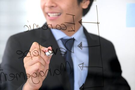 Asia young businessman write some word on the transparent glass board in the modern office and explain to his collegue. Focused on black pen. Business and marketing concept.の写真素材
