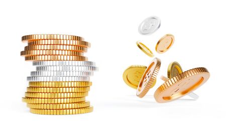 Stack of gold silver and bronze coins isolated on a white background. Many coins falling down into the floor. Capital growth saving and finance concept. 3D renderingの写真素材