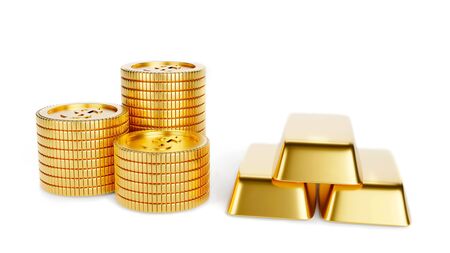 Three stack of shiny gold coins isolated on a white background. Three pieces of gold bullion beside coins. Capital growth saving and finance concept. 3D renderingの写真素材