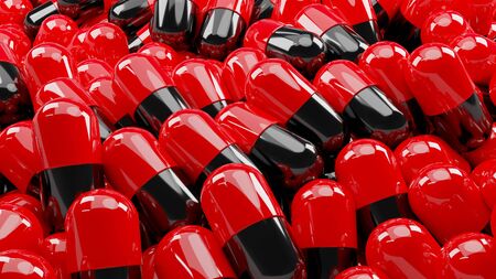 Closed up of many capsule pills (red and black capsule). Background of realistic medical. Great medical or pharmaceutical. Drugs for treatment medication. 3D renderingの写真素材