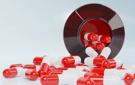 Side view of many capsule pills (red and white capsule) came out from a brown glass bottle. Realistic medical drug. Great medical or pharmaceutical. Drugs for treatment.の写真素材
