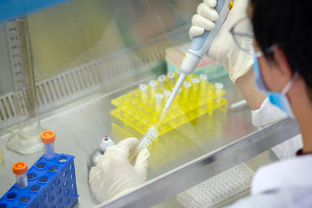 Asia scientist wears a glove and mask used a micropipette and transfer sample into a tube in the...