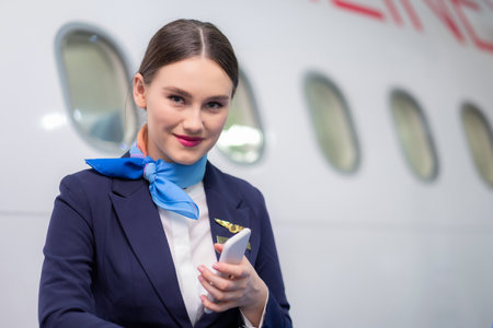 Confident pretty flight attendant/stewardess standing and smile at the passenger. Waiting for the passenger to board in a front airplane. Travel, international concept. Relaxation timeの写真素材