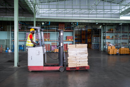 African American workers drive forklifts which holding many boxes with safety helmets and vests in...