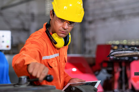 Portrait of engineer worker wearing uniform and PPE checking valve of rolling machine in the factory with copy space. Preventive maintenance in factory. Industrial, technology and innovation concept.の写真素材