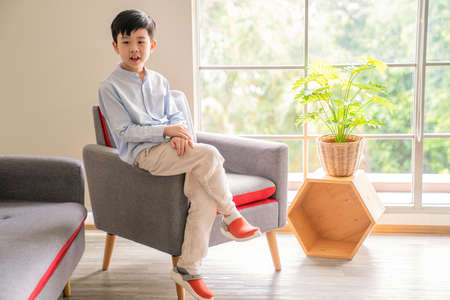 Asia boy wearing blue T-shirt, cross legged and sitting on the sofa in the living room with copy space. Background is the windows and sunlight. Plant pot beside kid. Lifestyle and relaxの写真素材