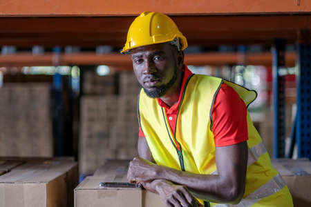 Africa American engineer man wearing safety helmet and vest standing in the automotive part warehouse. Looking at camera Portrait of worker. Logistic and business export at distribution centerの写真素材